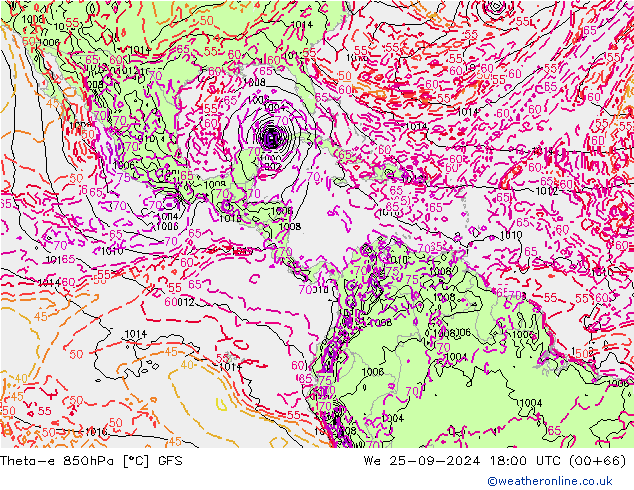 Theta-e 850hPa GFS mer 25.09.2024 18 UTC