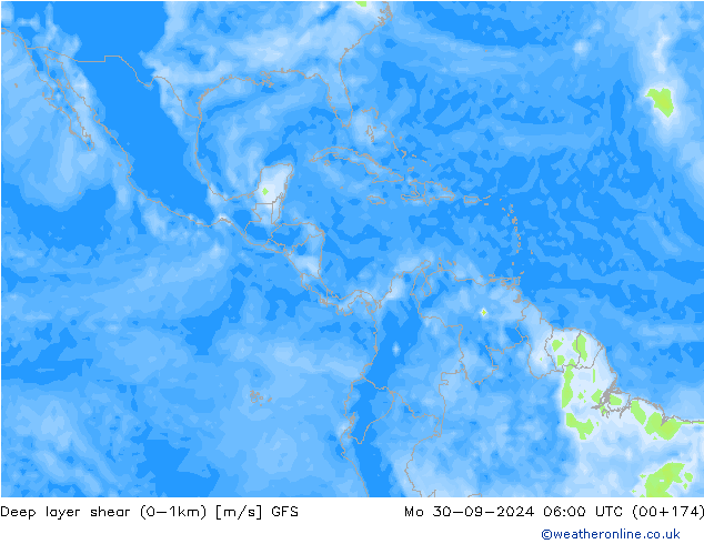 Deep layer shear (0-1km) GFS lun 30.09.2024 06 UTC