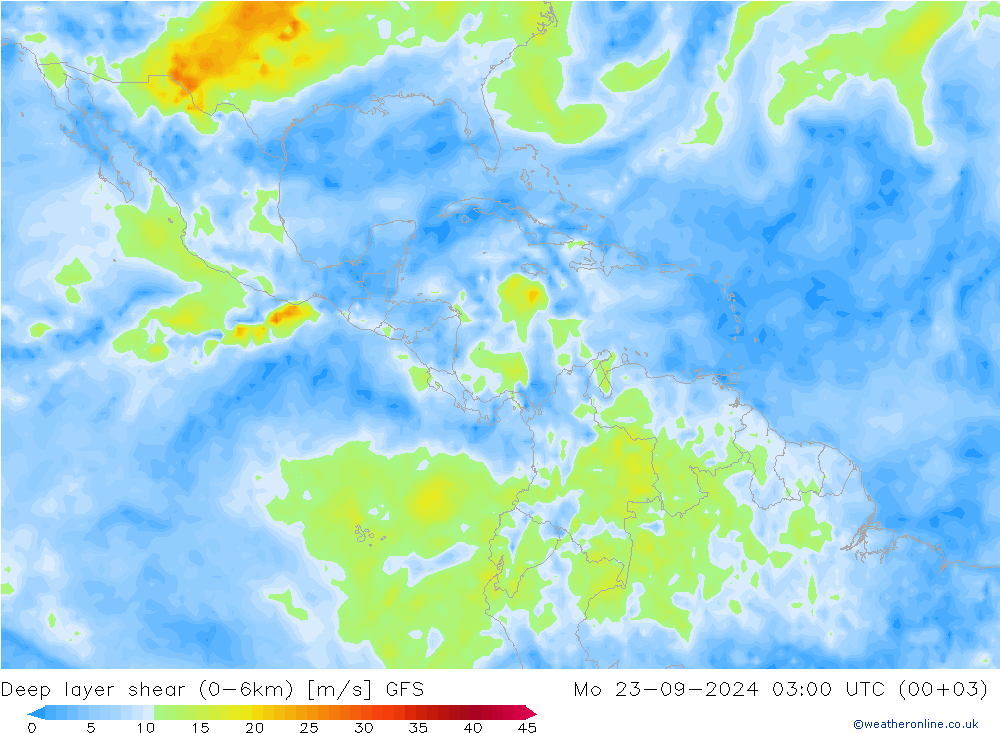 Deep layer shear (0-6km) GFS Seg 23.09.2024 03 UTC