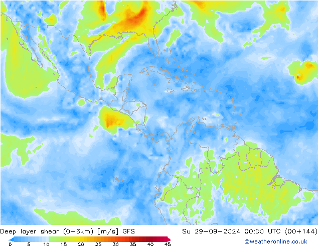 Deep layer shear (0-6km) GFS Su 29.09.2024 00 UTC