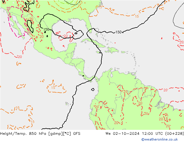 Z500/Rain (+SLP)/Z850 GFS mer 02.10.2024 12 UTC