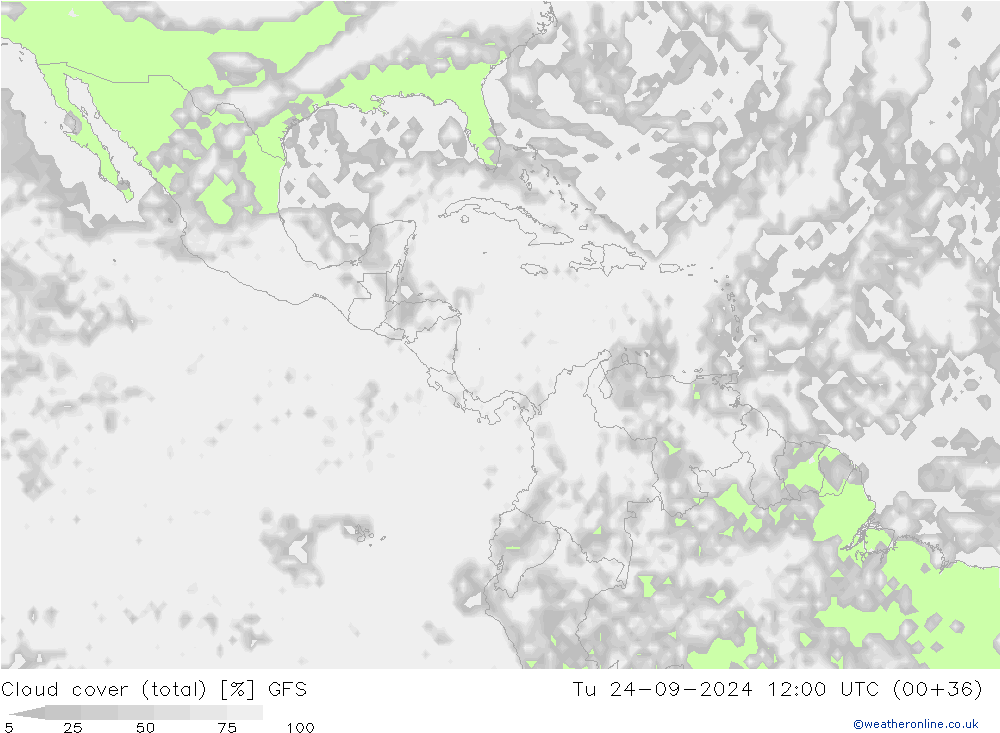 Cloud cover (total) GFS Út 24.09.2024 12 UTC