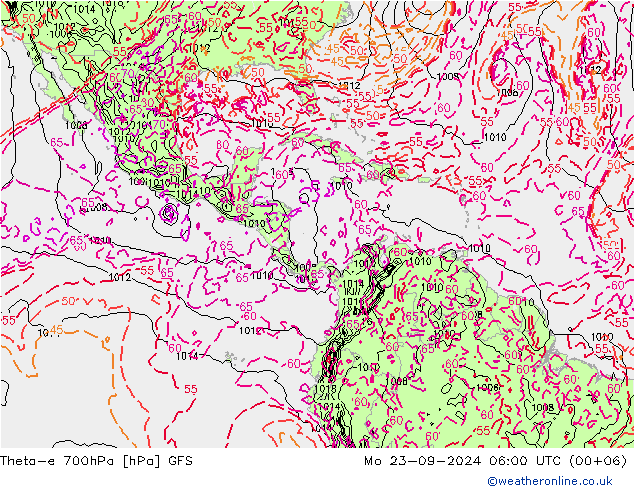 Theta-e 700hPa GFS pon. 23.09.2024 06 UTC