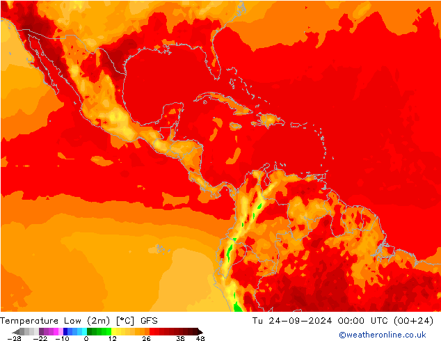 Temperature Low (2m) GFS Tu 24.09.2024 00 UTC