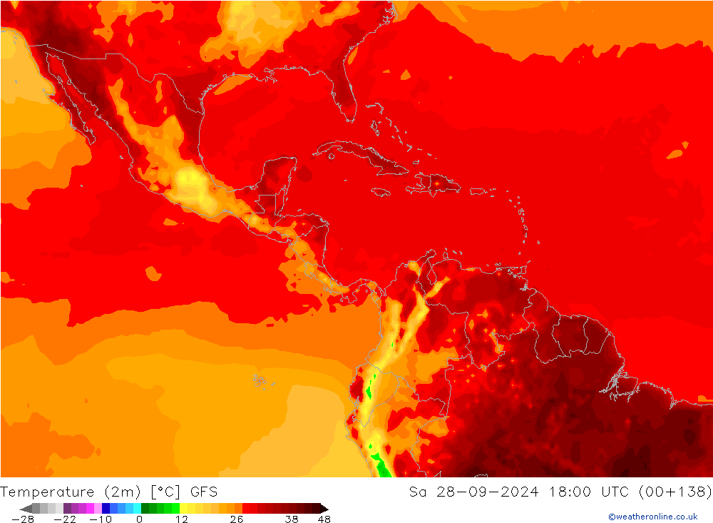 mapa temperatury (2m) GFS so. 28.09.2024 18 UTC