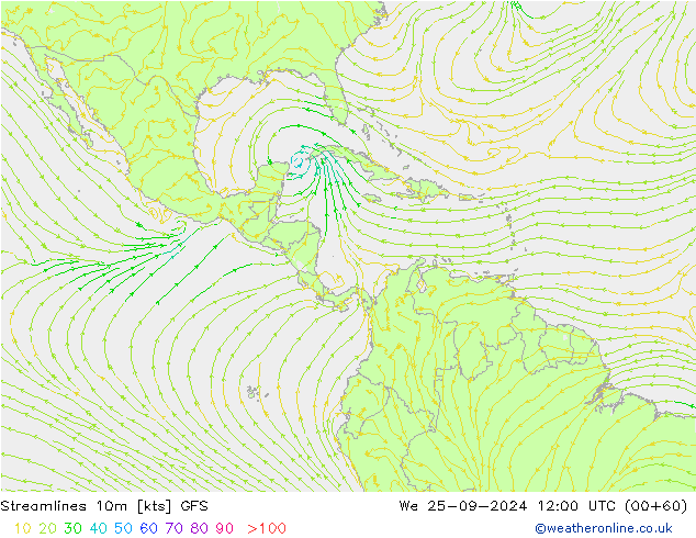 Streamlines 10m GFS We 25.09.2024 12 UTC