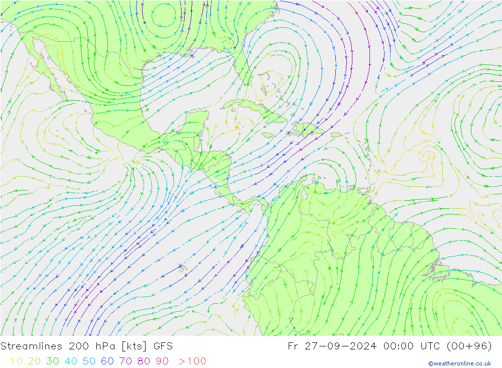 Linea di flusso 200 hPa GFS ven 27.09.2024 00 UTC