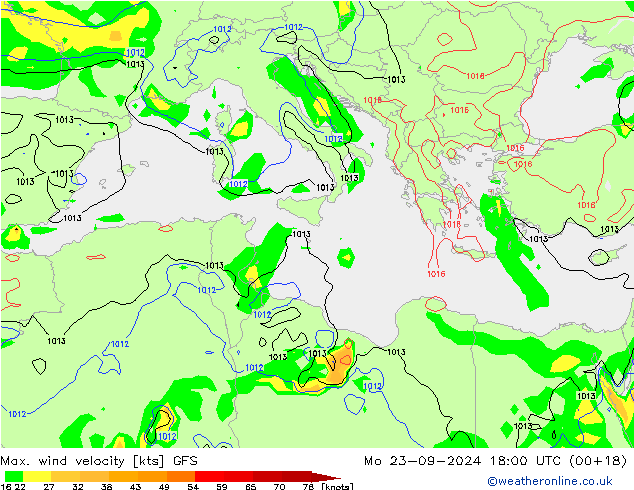 Max. wind velocity GFS пн 23.09.2024 18 UTC