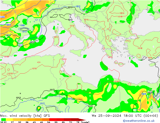 Max. wind velocity GFS We 25.09.2024 18 UTC