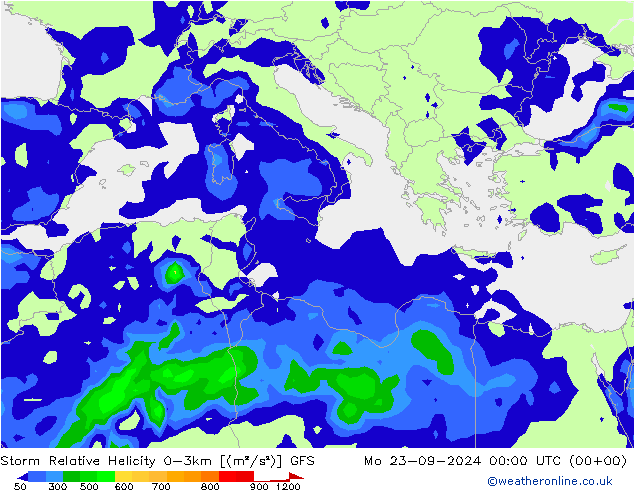 Storm Relative Helicity GFS Seg 23.09.2024 00 UTC