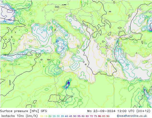 Isotaca (kph) GFS lun 23.09.2024 12 UTC