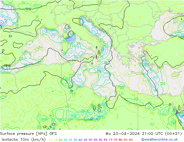 Isotachs (kph) GFS Po 23.09.2024 21 UTC