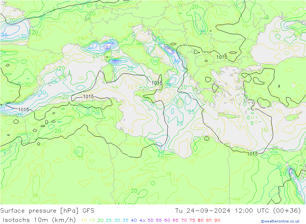 Isotachs (kph) GFS  24.09.2024 12 UTC