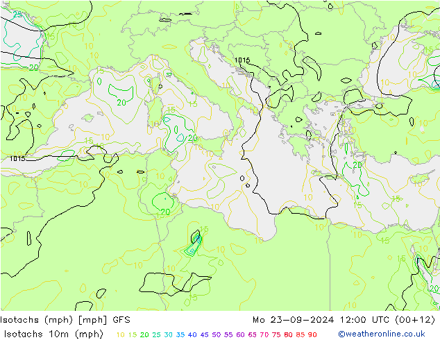 Izotacha (mph) GFS pon. 23.09.2024 12 UTC