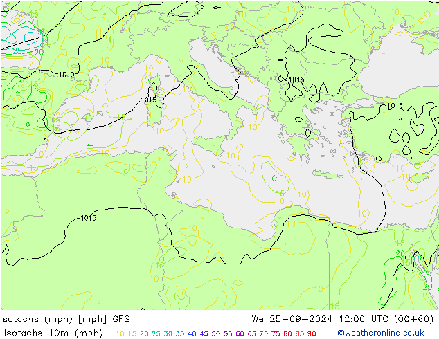 Izotacha (mph) GFS śro. 25.09.2024 12 UTC