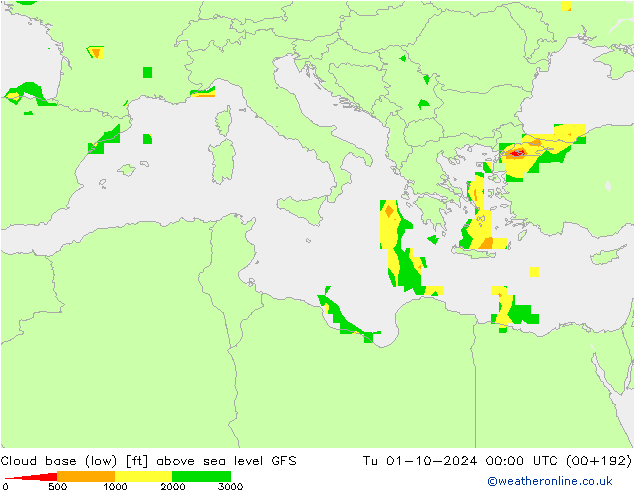 Cloud base (low) GFS Tu 01.10.2024 00 UTC