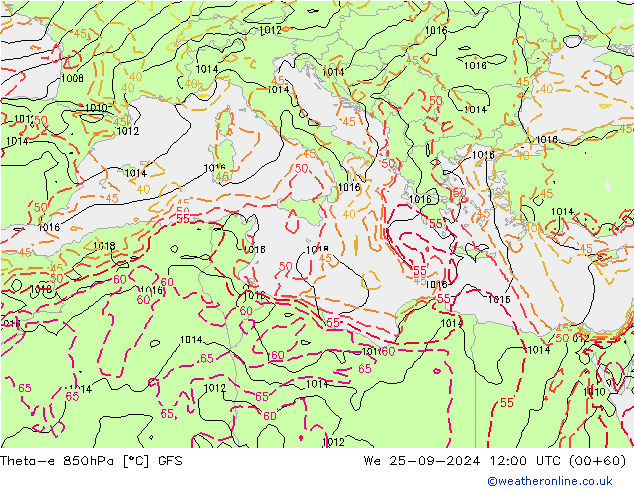 Theta-e 850hPa GFS śro. 25.09.2024 12 UTC