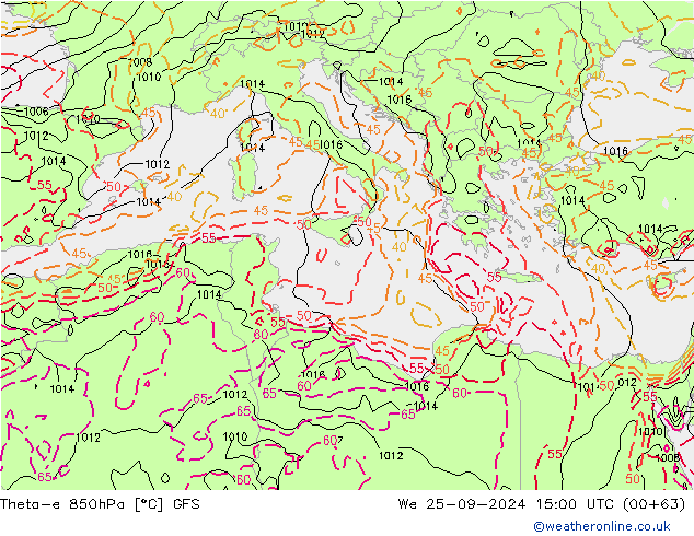 Theta-e 850hPa GFS mer 25.09.2024 15 UTC