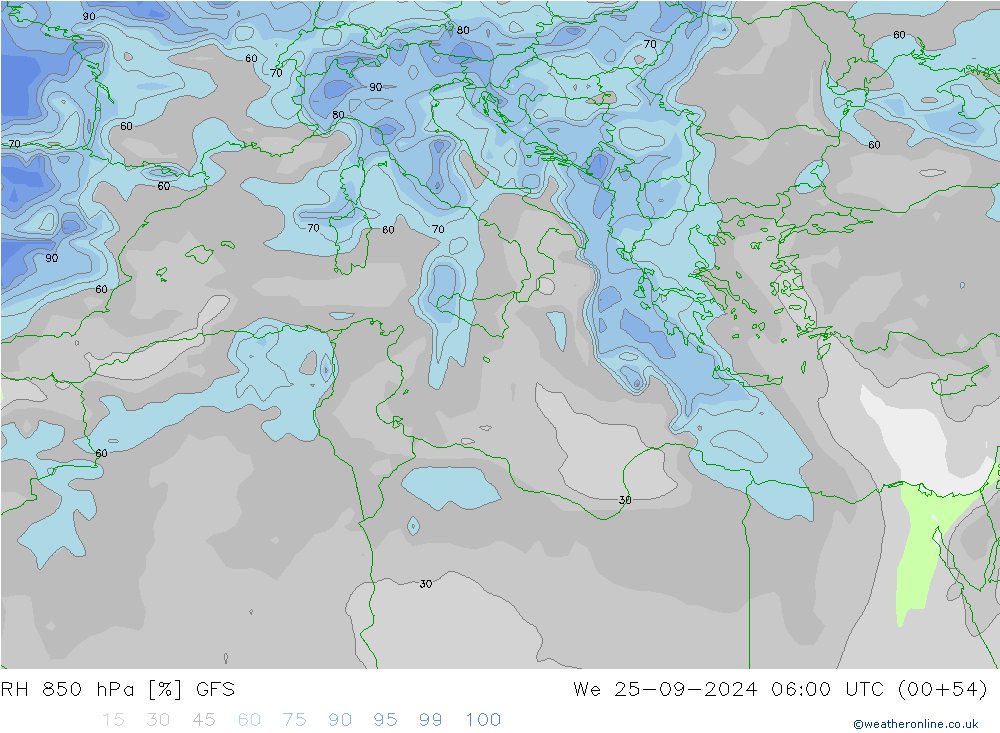 850 hPa Nispi Nem GFS Çar 25.09.2024 06 UTC