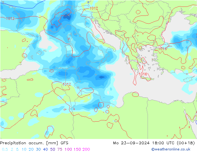 Precipitation accum. GFS пн 23.09.2024 18 UTC