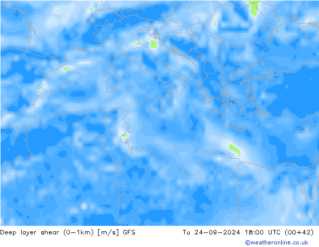 Deep layer shear (0-1km) GFS Tu 24.09.2024 18 UTC