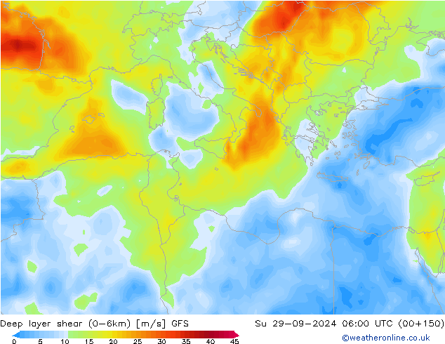 Deep layer shear (0-6km) GFS Paz 29.09.2024 06 UTC