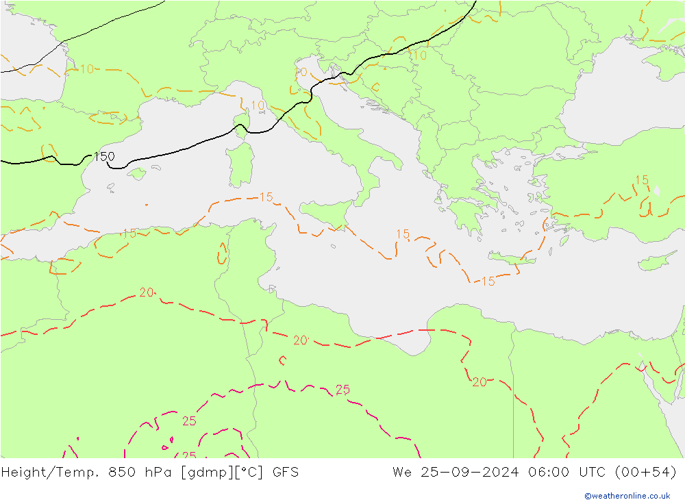 Height/Temp. 850 hPa GFS Qua 25.09.2024 06 UTC