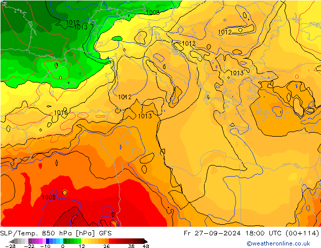 SLP/Temp. 850 hPa GFS Fr 27.09.2024 18 UTC