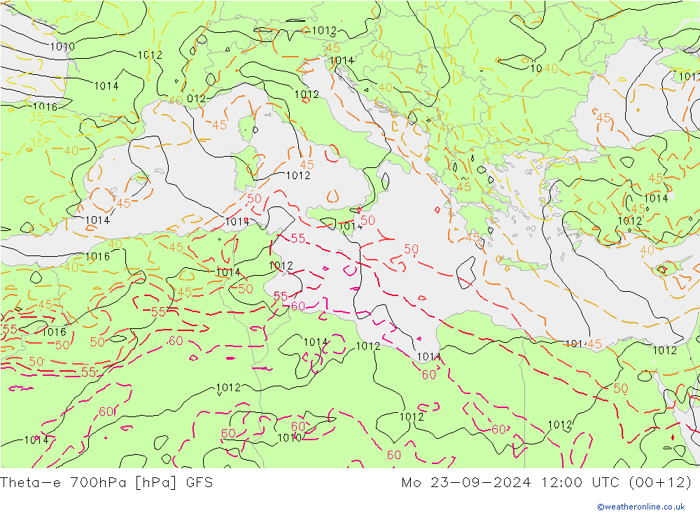 Theta-e 700hPa GFS Po 23.09.2024 12 UTC