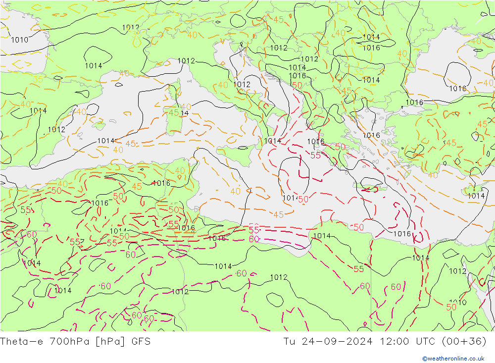 Theta-e 700hPa GFS Tu 24.09.2024 12 UTC