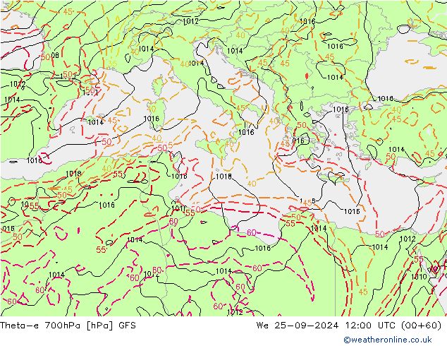 Theta-e 700hPa GFS Mi 25.09.2024 12 UTC