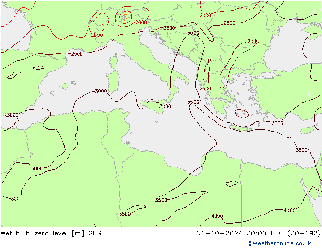 Wet bulb zero level GFS Tu 01.10.2024 00 UTC