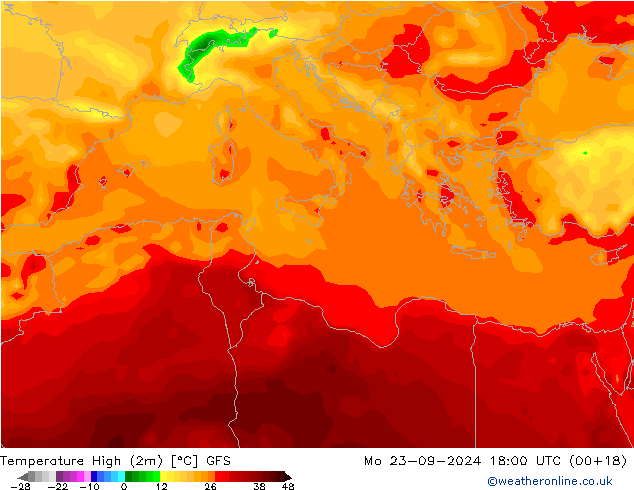 température 2m max GFS lun 23.09.2024 18 UTC