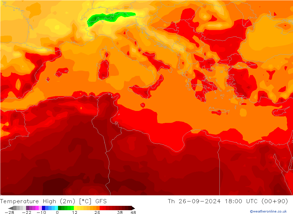 température 2m max GFS jeu 26.09.2024 18 UTC