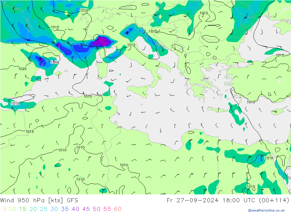 Wind 950 hPa GFS Fr 27.09.2024 18 UTC