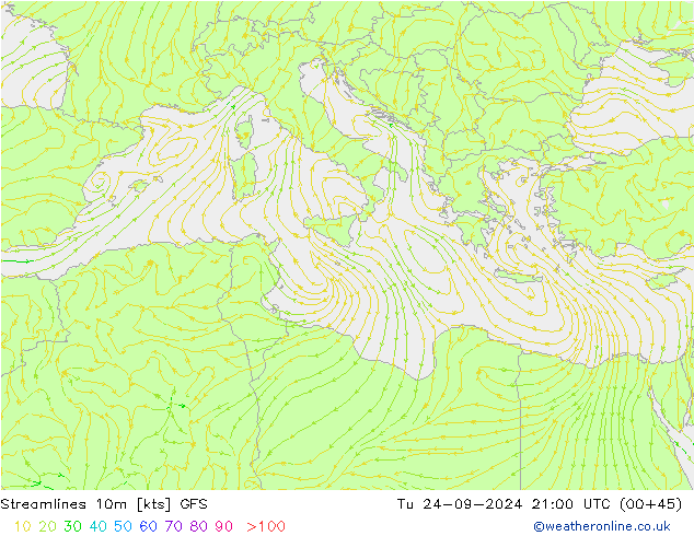 Streamlines 10m GFS Út 24.09.2024 21 UTC