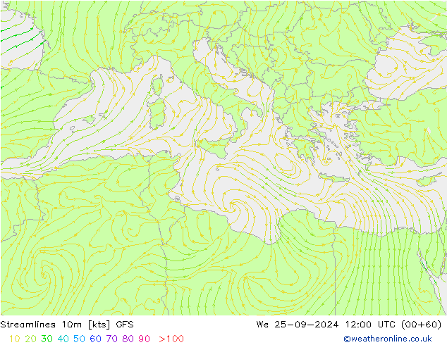 Streamlines 10m GFS St 25.09.2024 12 UTC