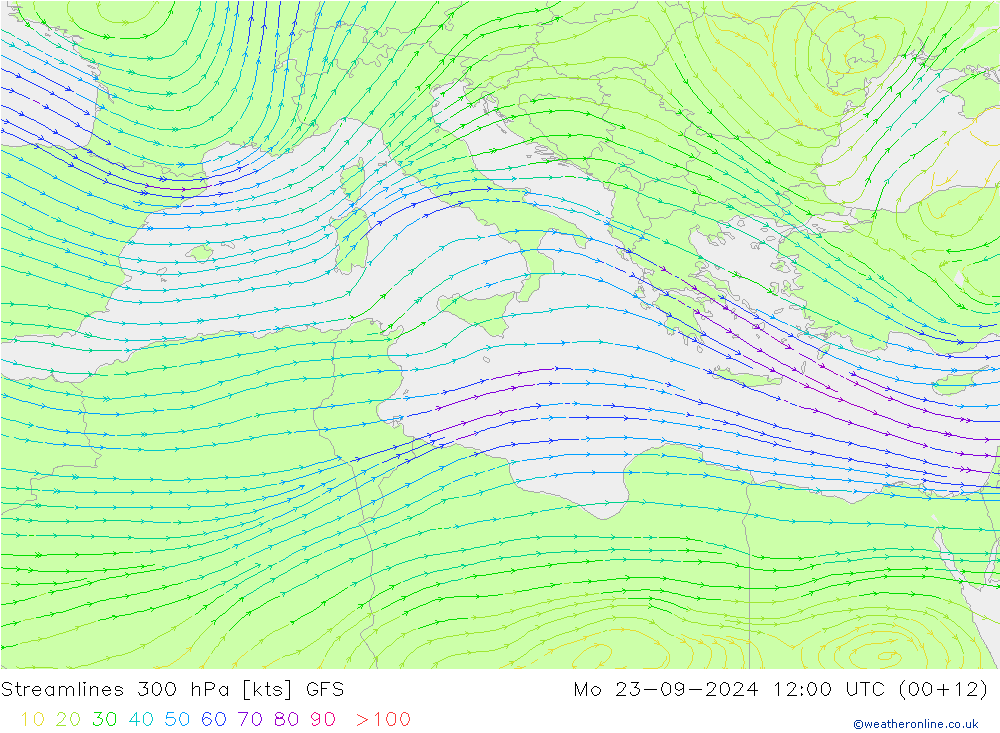 Stroomlijn 300 hPa GFS ma 23.09.2024 12 UTC