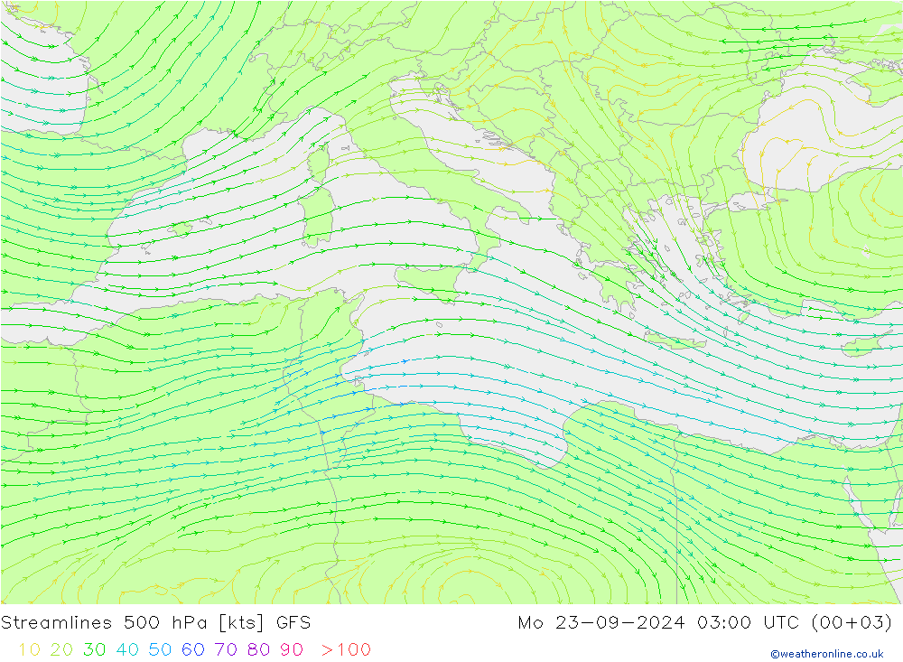 Linia prądu 500 hPa GFS pon. 23.09.2024 03 UTC