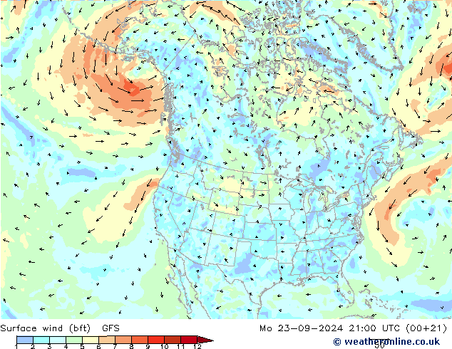 Vento 10 m (bft) GFS Seg 23.09.2024 21 UTC