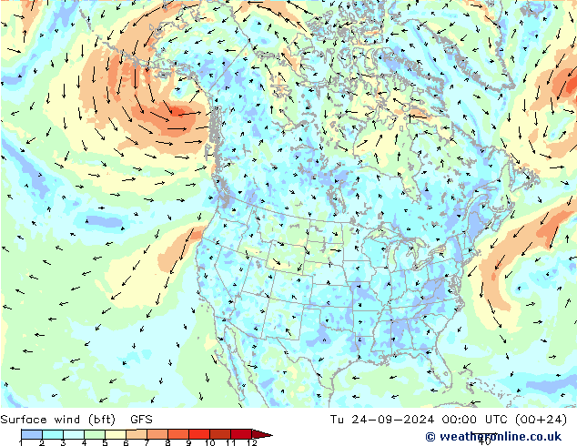 Surface wind (bft) GFS Út 24.09.2024 00 UTC