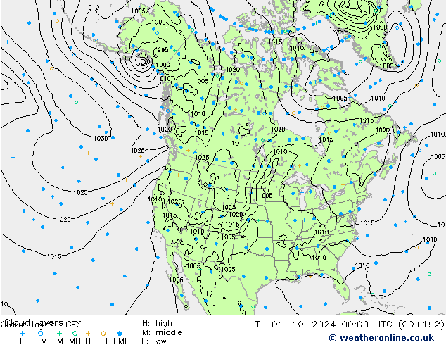 Wolkenschichten GFS Di 01.10.2024 00 UTC