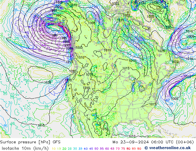 10米等风速线 (kph) GFS 星期一 23.09.2024 06 UTC