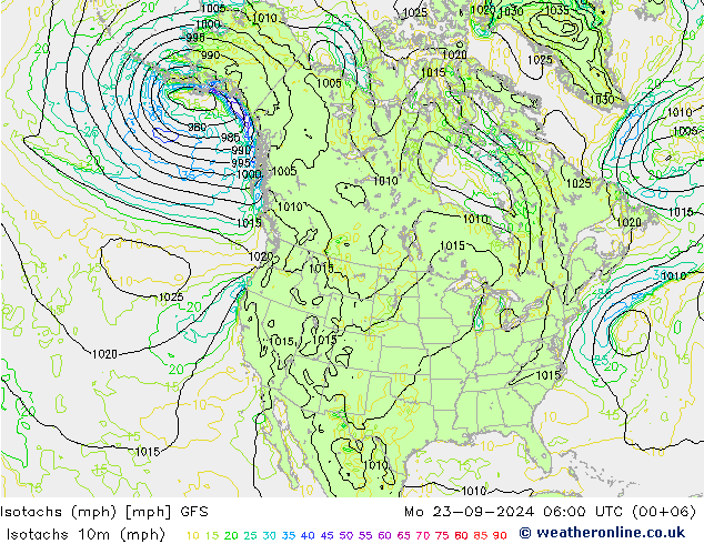 Isotachs (mph) GFS Po 23.09.2024 06 UTC