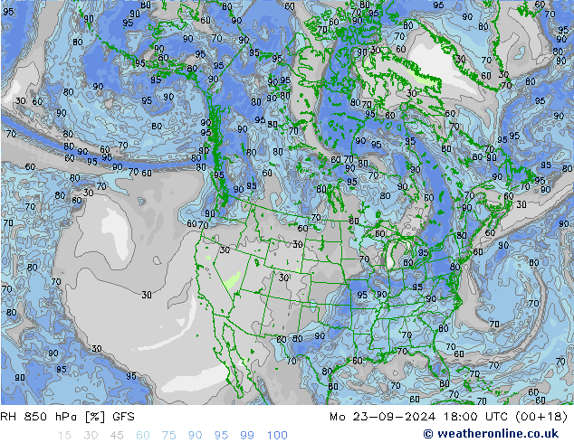 RH 850 hPa GFS Mo 23.09.2024 18 UTC