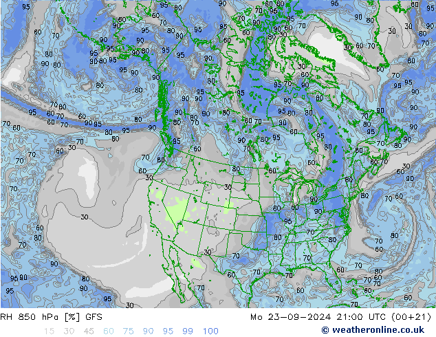 RH 850 гПа GFS пн 23.09.2024 21 UTC