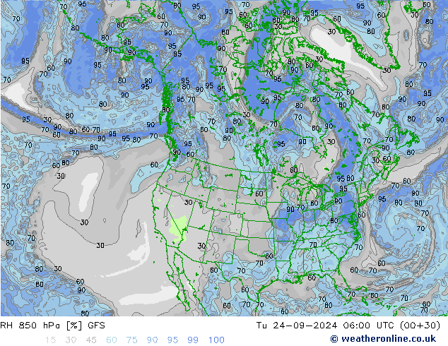 RH 850 hPa GFS wto. 24.09.2024 06 UTC