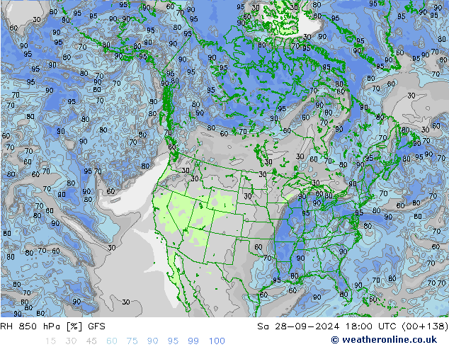 RH 850 гПа GFS сб 28.09.2024 18 UTC