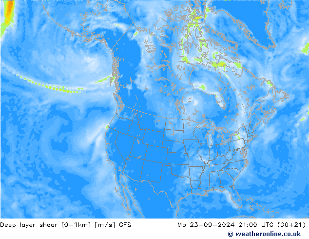 Deep layer shear (0-1km) GFS Seg 23.09.2024 21 UTC