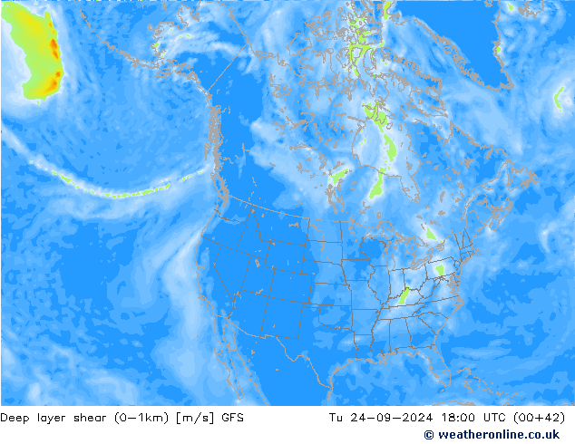 Deep layer shear (0-1km) GFS Di 24.09.2024 18 UTC